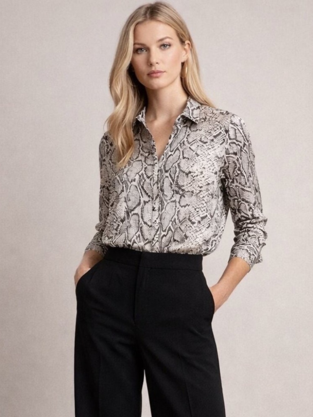 Equipment Snakeskin Print Silk Button Down Blouse Black Cream XS